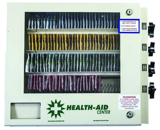 Health-Aid Center 4-Select dispensing machine — front face showing 4 product rows