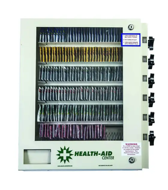 Health-Aid Center 6-Select dispensing machine — front face showing 6 product rows