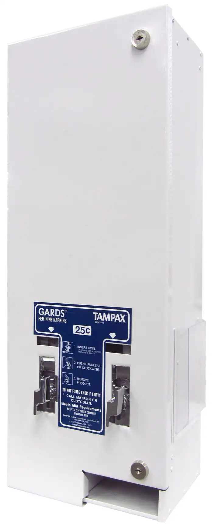 Wall-mounted dual feminine hygiene vendor with two coin-operated dispensing handles and a lower delivery chute
