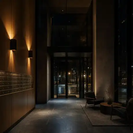 Apartment building lobby at night — brass mailboxes under warm amber sconces