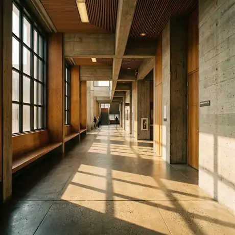 University building corridor in daylight, timber ceiling and concrete walls
