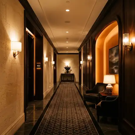 Upscale hotel corridor at night, warm sconce light along the doors