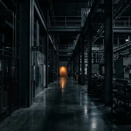 Dim manufacturing corridor with an amber-lit wall alcove